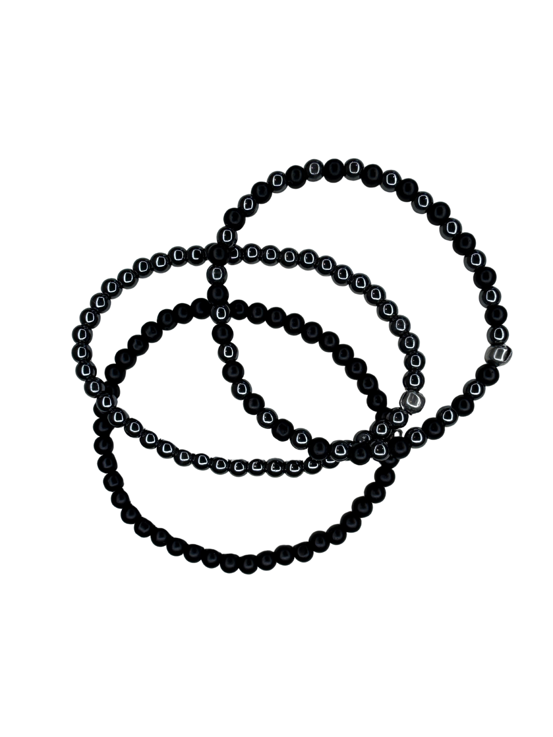 Black beaded bracelets on a white background.